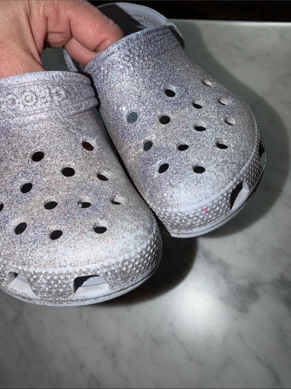 CROCS Kids Glitter Clog in Iridescent Silver size 12